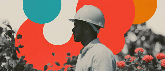 Minimalist collage of an architect reviewing blueprints with geometric shapes and flowers