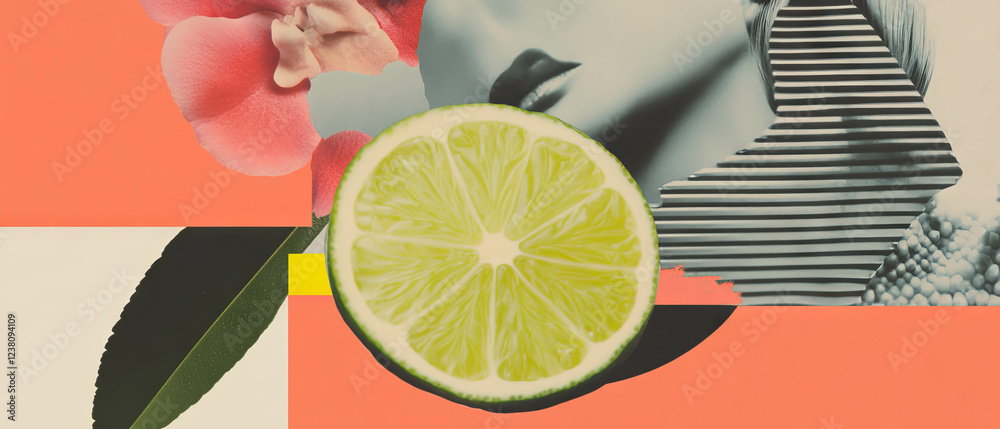 Poster minimalist collage combining geometric shapes and lime slice with floral elements