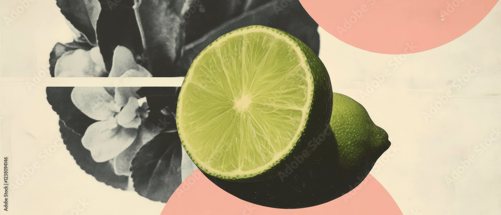 Poster minimalist collage featuring geometric shapes and a textured slice of lime