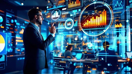 Business professional analyzing data visualizations in a modern office with colleagues working on computers - Powered by Adobe