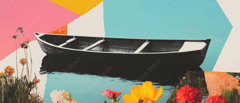 Poster minimalist collage featuring a rowboat on a calm lake with colorful geometric shapes