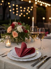 Happy Valentine's Day: Candlelight Dinner Setup with Wine and Heart Napkin