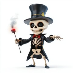 Obraz premium skeleton wearing a magicianâ???s outfit with a top hat and magic wand, performing a trick, isolated on a bright white background