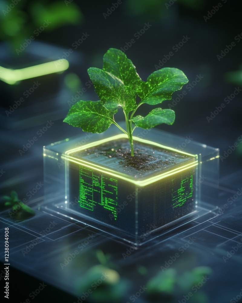 Poster tech-infused gardencore futuristic biophilic planter in glowing holographic display for smart agricu