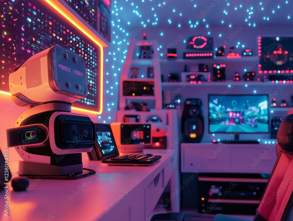 Poster Retro-Futuristic VR Setup Neon-Accented Gaming Devices in Dim Studio - Tech Enthusiast Hub and Interactive Media Showcase for Immersive Digital Experiences