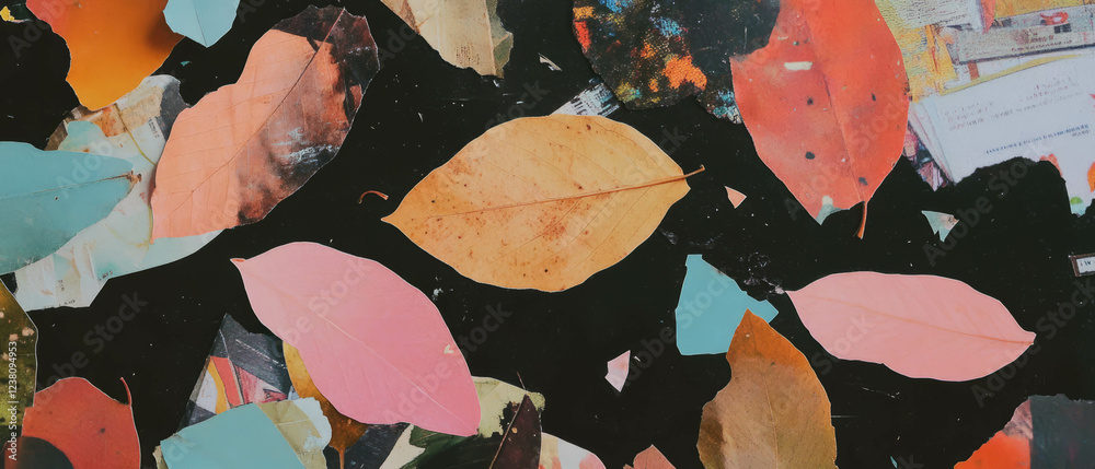 Poster minimalistic abstract collage with dried leaves and colorful paper textures