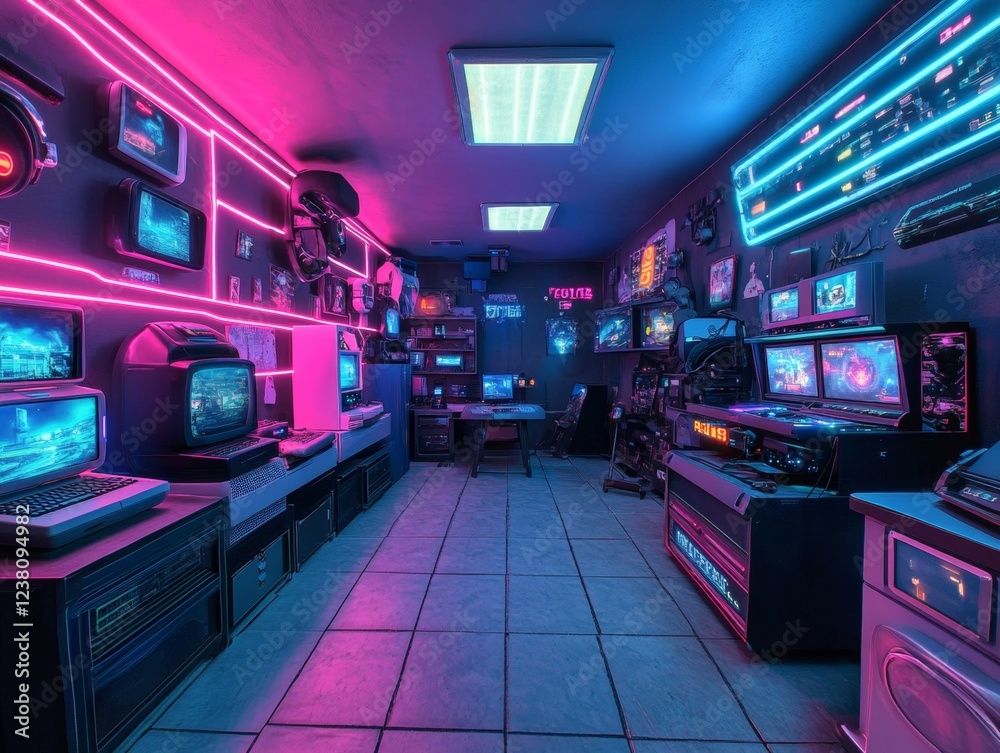 Poster retro-futuristic vr nostalgia neon-accented gaming room with vintage-inspired vr glasses - immersive