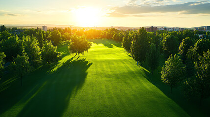 A drone capturing a clean, green corporate campus, symbolizing sustainability, Realistic Photo Professional photography, Warm, soft directional lighting with diffused shadows,