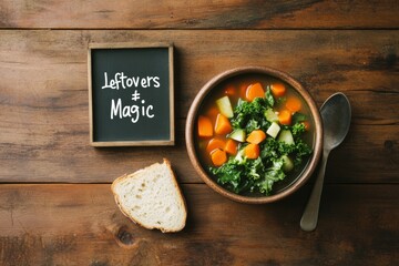 Modern Rustic Cuisine Colorful Leftover Vegetable Soup in Artisan Bowl on Vintage Wood for Sustainable Cooking and Zero-Waste Culinary Education