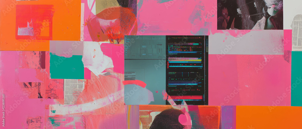 Poster exploration of data flow through mixed media collage in vibrant colors and textures