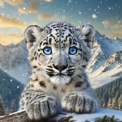 Portrait of a snow leopard cub with snow-capped mountains in the background
