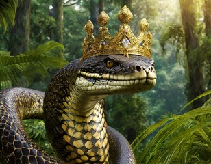Fototapeta premium Portrait of a large snake with crown and the rainforest in the background