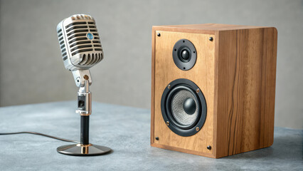 Vintage microphone and wooden speaker on a modern table