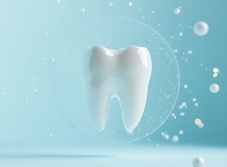 White tooth on a light blue background with a white spiral of sparkles. 3D white tooth with a glittering circle. concept for dental treatment advertising or graphic design of teeth whitening products 