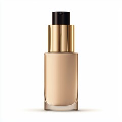 sleek bottle of foundation with a pump, labeled with soft golden accents, isolated on a clean white background