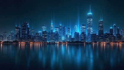 Obraz premium Futuristic city skyline at night. Tall buildings glow with bright blue light. Lines of light connect skyscrapers reflecting on calm water. Modern urban tech landscape. Advanced cityscape design with