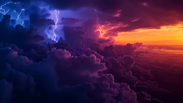 Dramatic supercell thunderstorm on the horizon at sunset, with intense colors and lightning strikes, creating a captivating landscape
