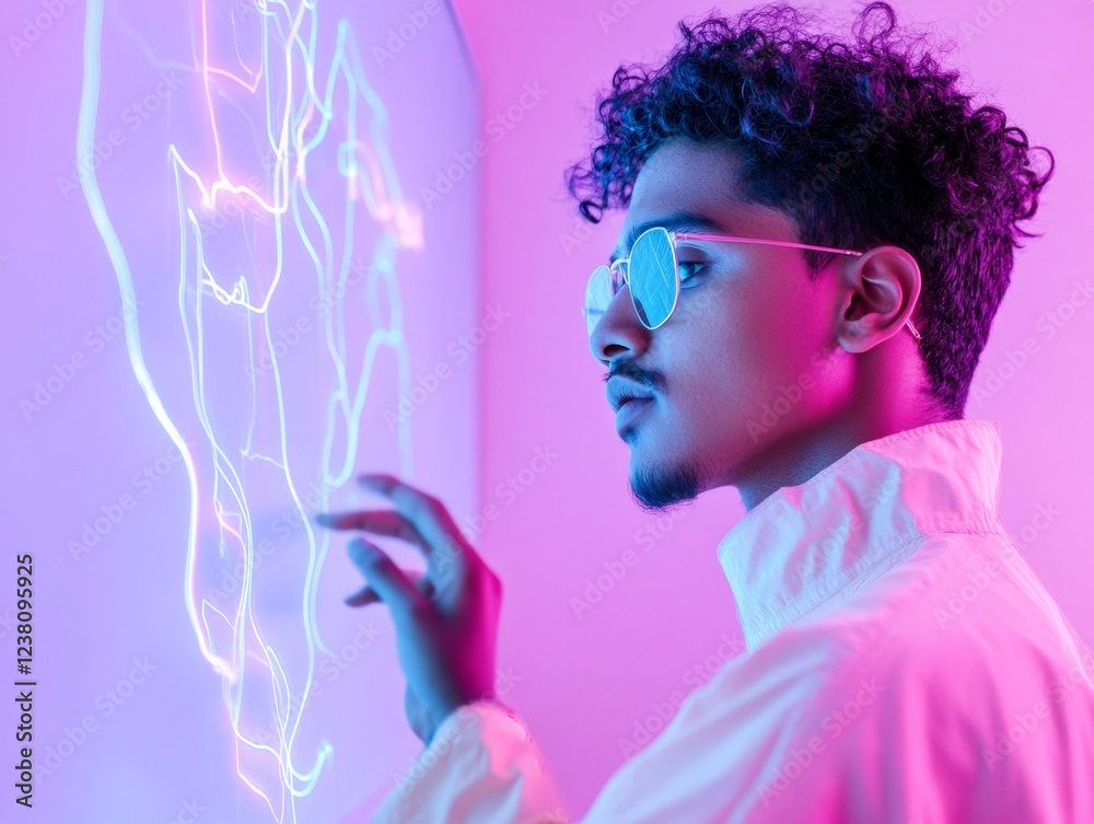Aufkleber futuristic digital art innovation young indian artist creating neon abstracts on tablet in minimalis