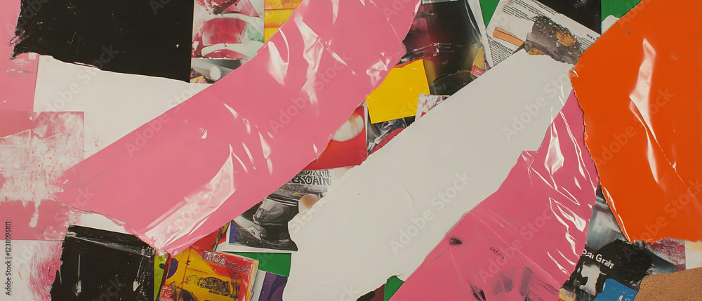 Poster mixed media collage with condiment packets and vibrant textures for playful professionalism