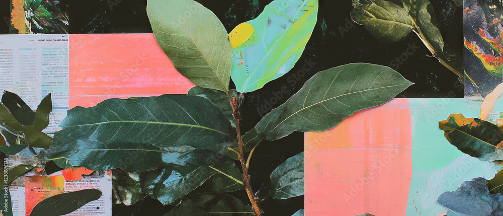 Poster mixed media collage blending smooth leaves and rough bark textures for a modern artistic expression