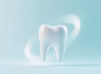 White tooth on a light blue background with a white spiral of sparkles. 3D white tooth with a glittering circle. concept for dental treatment advertising or graphic design of teeth whitening products 