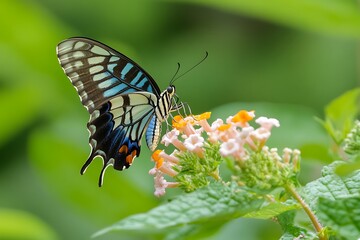 Obraz premium A Blue Tiger butterfly on a lush lantana, the tiny flowers a perfect backdrop for its striking wings.