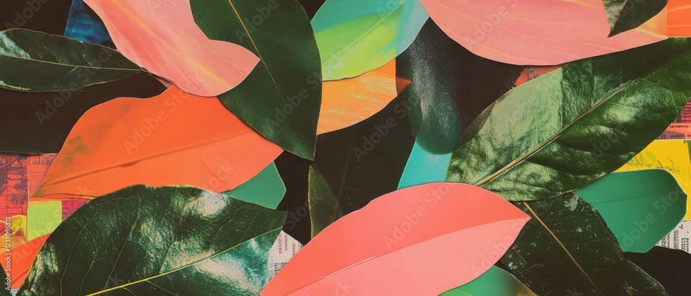 Poster dynamic minimalistic mixed media collage with vibrant leaves and colorful textures