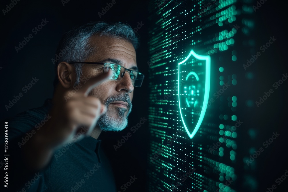 Poster cybersecurity innovation middle-aged man engages with led-lit server rack and digital shield in high