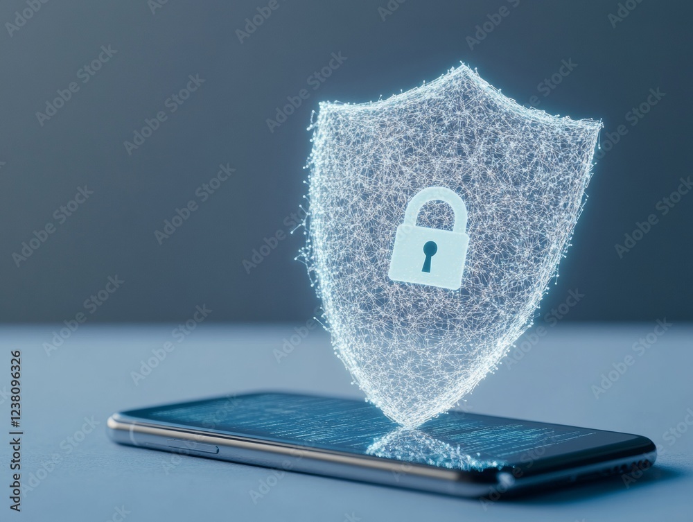 Poster Digital Guardian Aesthetics Minimalist Smartphone Display with Cybersecurity Shield and Encrypted Lock - Tech Innovation for Modern Mobile Business Solutions
