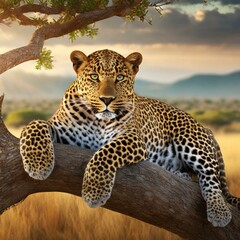 Obraz premium Portrait of a leopard lying on a tree branch with the African savannah in the background