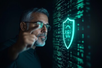 Cybersecurity Innovation Middle-Aged Man Engages with LED-Lit Server Rack and Digital Shield in High-Tech Data Center for Enhanced Corporate Digital Safety