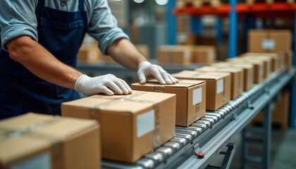 Worker in uniform wearing gloves arranges cardboard boxes on conveyor belt in warehouse. Packages labeled, prepared for shipping. Efficient logistic, shipment process visible. Automated system for
