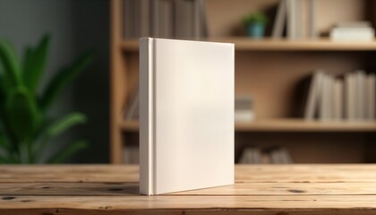 Blank book mockup on wooden table in front blurred bookshelf. Perfect for cover design, marketing. Design presentation. Interior mockup. Suitable for product catalog. Stylish publishing layout.