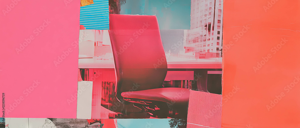 Poster minimalistic collage featuring an empty office chair and vibrant textures in a workspace