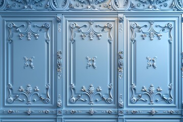 Elegant Blue Wall with Ornate Decorative Moldings and Intricate Floral Patterns, Showcasing Classic Style and Attention to Detail


