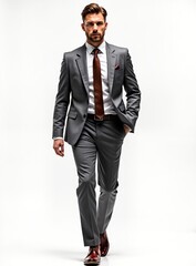 Attractive man in gray suit walks confidently. Wears white shirt, maroon tie. Businessman in pro attire. Full-body studio shot against plain white background. Modern business style. Photogenic male