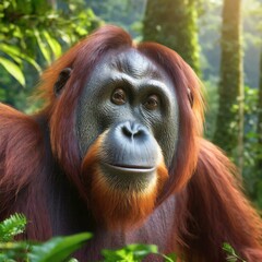 Fototapeta premium Portrait of an orangutan with the rainforest in the background
