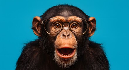 surprised chimpanzee wear glasses on bright blue  background generative ai  