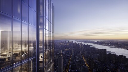 Obraz premium A towering glass skyscraper stands amidst a bustling cityscape, bathed in golden hour light, evoking urban elegance and modern grandeur