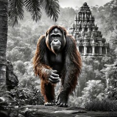 Portrait of an orangutan walking in the forest with temple ruins in the background