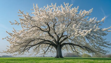 Fototapeta premium White blooming tree in a lush green field under a clear sky