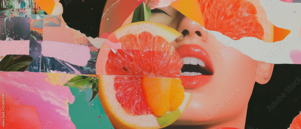 Poster minimalistic mixed media collage showcases vibrant fruit patterns and textures for an artistic touch