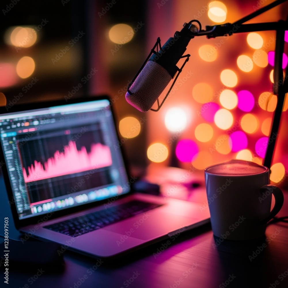 Aufkleber Warm Ambient Podcast Setup Sleek Microphone and Laptop with Audio Waves - Intimate Content Creation for Modern Digital Narratives and Startup Innovation