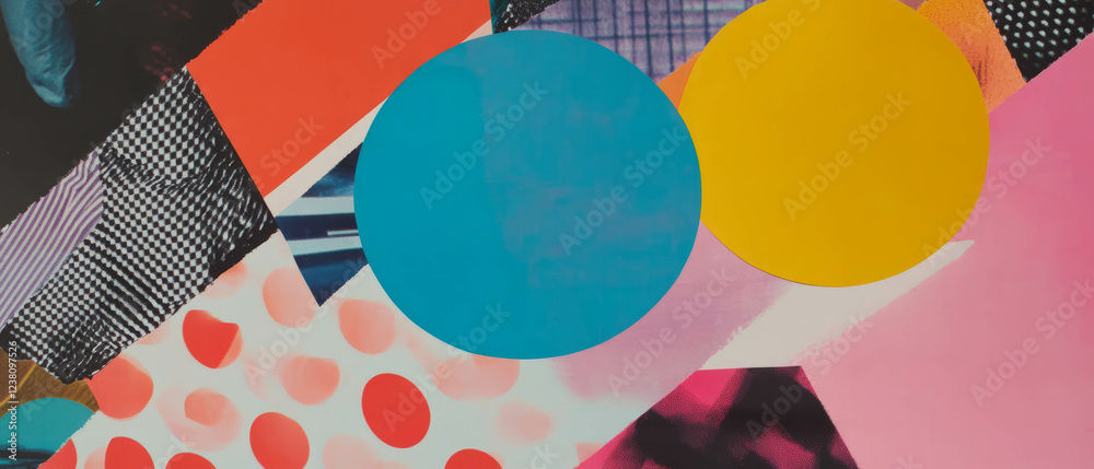 Poster minimalistic mixed media collage featuring geometric patterns and vibrant colors