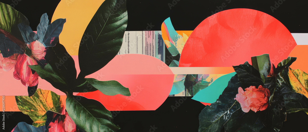 Poster exploring plant-inspired minimalistic collage with geometric patterns and vibrant textures