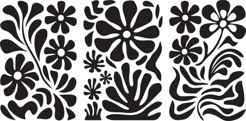 Matisse curves aestethic seamless flower patterns | Groovy abstract flower art set | Botanic vector illustration | Set of groovy abstract botanical floral background in trendy naive retro hippie