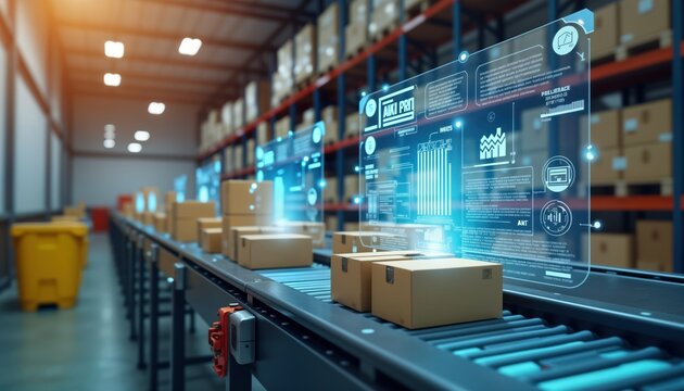 Smart warehouse system uses AR tech to manage package picking, delivery. Packages move on conveyor belt. Digital displays show info on package status. Future tech for supply chain, logistics
