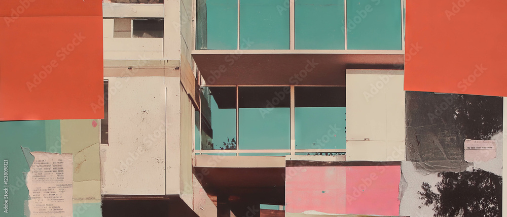 Poster minimalistic mixed media collage showcasing modern architecture with diverse textures