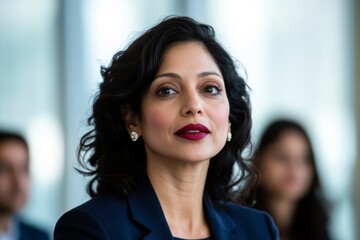 Fototapeta premium Empowered Women in Leadership Confident Indian Woman in Navy Blazer at Conference Table - Bright Collaborative Atmosphere for Modern Business Strategies