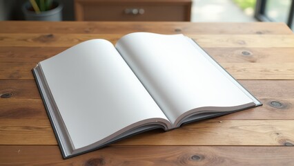 Magazine Mockup on Table, Glossy magazine on rustic wooden table photorealistic.